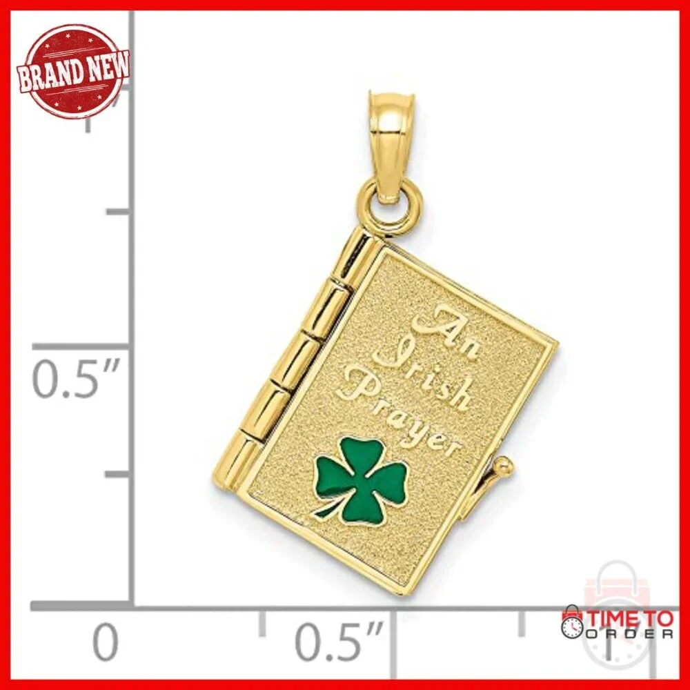 10k Yellow Gold Book Locket Pendant with Shamrock Charm, Religious Keepsake